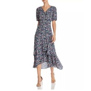 Nanette Lepore Floral Puff Sleeve Wrap Dress Ruffle Button Navy 10 NWT Milkmaid